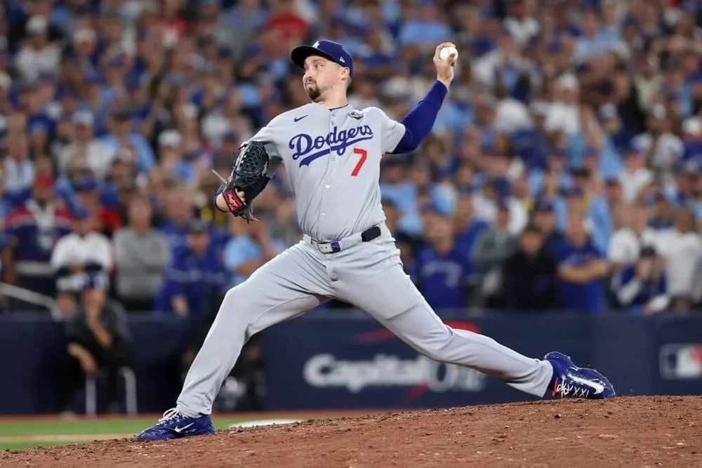 Blake Snell #7 of the Los Angeles Dodgers pitches during the ninth inning against the Toronto Blue Jays in game seven of the 2025 World Series at Rogers Center on November 01, 2025 in Toronto, Ontario.